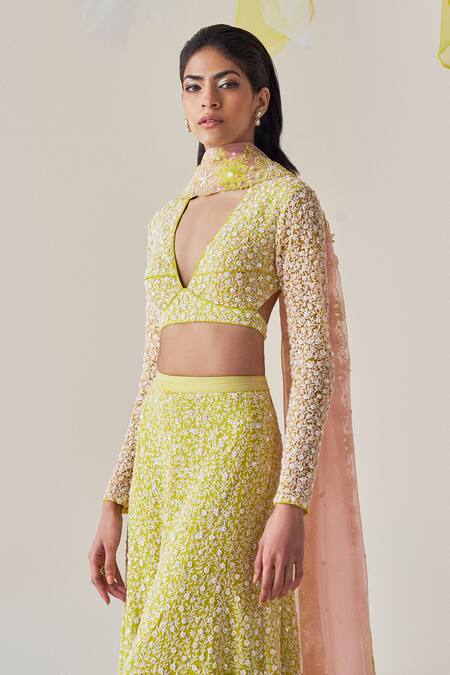 Shop Madzin Green Silk Organza Sequins, Beads, Embroidery V-neck Hand Blouse Sharara Set Online at Aza Fashions Shop_Madzin_Green Silk Organza Sequins, Beads, Embroidery V-neck Hand Blouse Sharara Set _Online_at_Aza_Fashions
