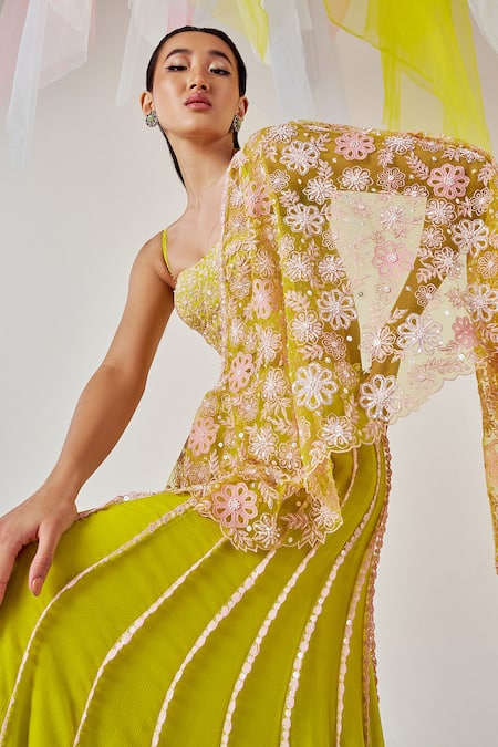 Madzin_Green , Satin Sequins, Embroidery Pre-draped Floral Saree With Corset _Online_at_Aza_Fashions