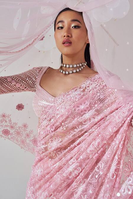 Madzin_Pink Modal, Kota Doria, Silk, Net Floral Cutwork Embroidered Saree Blouse Set _Online_at_Aza_Fashions