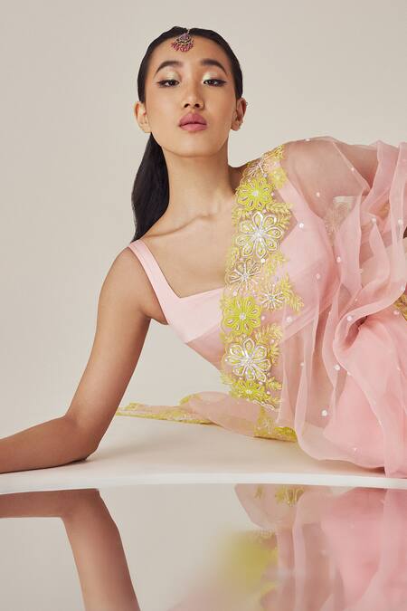 Madzin_Pink Cotton Satin, Silk Organza, Floral Embroidered Border Saree With Blouse _Online_at_Aza_Fashions