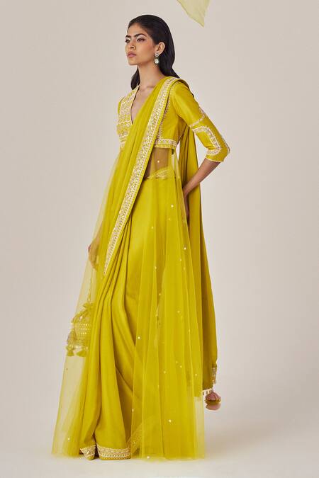 Madzin_Yellow , Georgette, Satin, Modal Embroidered Border Saree With Blouse _Online_at_Aza_Fashions