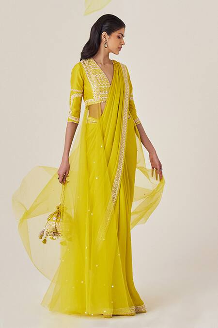 Buy_Madzin_Yellow , Georgette, Satin, Modal Embroidered Border Saree With Blouse _Online_at_Aza_Fashions