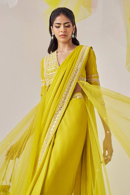 Shop_Madzin_Yellow , Georgette, Satin, Modal Embroidered Border Saree With Blouse _Online_at_Aza_Fashions