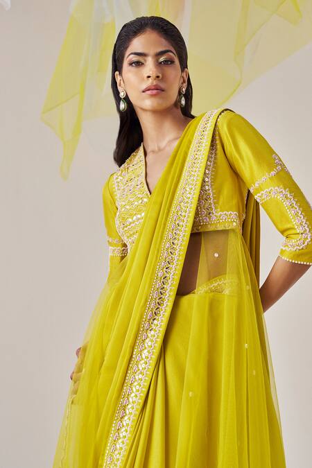 Madzin_Yellow , Georgette, Satin, Modal Embroidered Border Saree With Blouse _at_Aza_Fashions