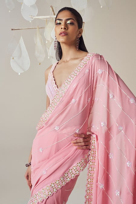 Madzin Sequin Embroidered Saree With Blouse 