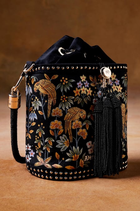 Anita Dongre Black Zari Thread Pichhwai Hand Painted Bucket Bag 