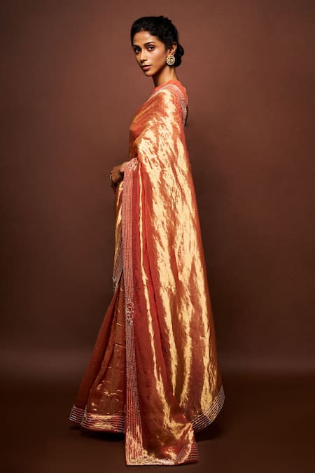 Issa Studio By Chetana & Swathi_Orange Tissue Embroidery High Neck Ashni Florin Border Saree Set _Online_at_Aza_Fashions