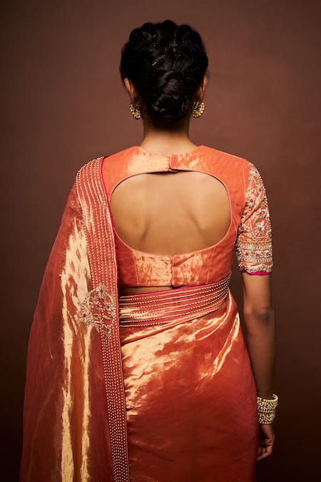 Buy_Issa Studio By Chetana & Swathi_Orange Tissue Embroidery High Neck Ashni Florin Border Saree Set _Online_at_Aza_Fashions