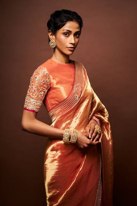Shop_Issa Studio By Chetana & Swathi_Orange Tissue Embroidery High Neck Ashni Florin Border Saree Set _Online_at_Aza_Fashions
