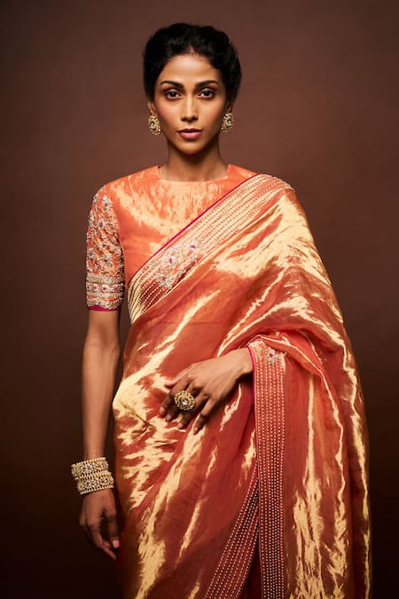 Issa Studio By Chetana & Swathi_Orange Tissue Embroidery High Neck Ashni Florin Border Saree Set _at_Aza_Fashions