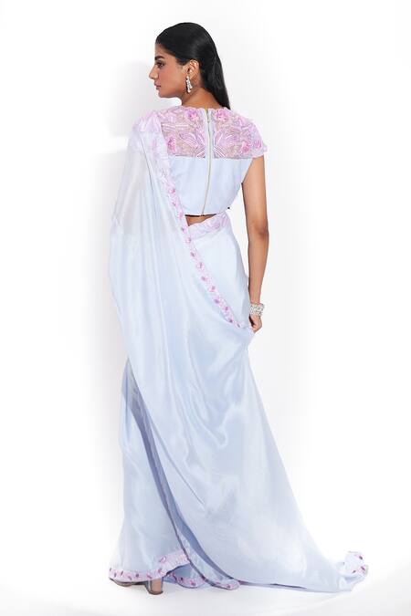 Shop Issa Studio By Chetana & Swathi Blue Net, Chiffon Sequins, Beads Round Neck Bella 3d Bloom Border Saree Set at Aza Fashions Shop_Issa Studio By Chetana & Swathi_Blue Net, Chiffon Sequins, Beads Round Neck Bella 3d Bloom Border Saree Set _at_Aza_Fashions