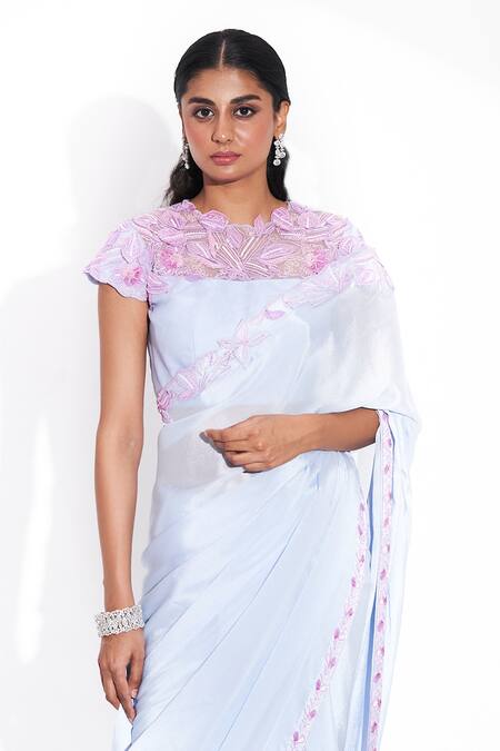 Issa Studio By Chetana & Swathi Blue Net, Chiffon Sequins, Beads Round Neck Bella 3d Bloom Border Saree Set Online at Aza Fashions Issa Studio By Chetana & Swathi_Blue Net, Chiffon Sequins, Beads Round Neck Bella 3d Bloom Border Saree Set _Online_at_Aza_Fashions