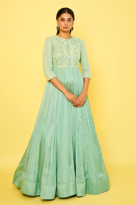 Shop Issa Studio By Chetana & Swathi Green Net, Chiffon Sequins, Beads Round Neck Camilla 3d Lily Fleur Pleated Gown at Aza Fashions Shop_Issa Studio By Chetana & Swathi_Green Net, Chiffon Sequins, Beads Round Neck Camilla 3d Lily Fleur Pleated Gown _at_Aza_Fashions
