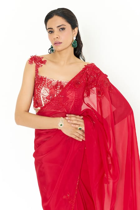Issa Studio By Chetana & Swathi_Red Net, Organza Sequins, Caroline 3d Rafflesia Bloom Embroidered Saree Set _Online_at_Aza_Fashions