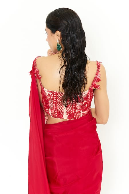 Buy_Issa Studio By Chetana & Swathi_Red Net, Organza Sequins, Caroline 3d Rafflesia Bloom Embroidered Saree Set _Online_at_Aza_Fashions