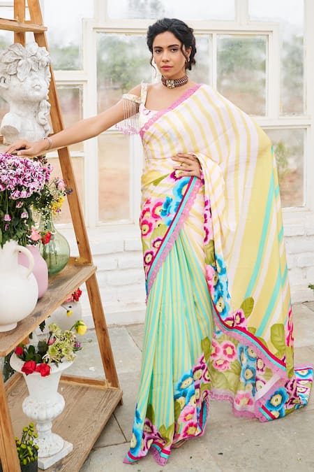 ISSA STUDIO BY CHETANA & SWATHI Celia Blossomy Striped Print Saree Set 