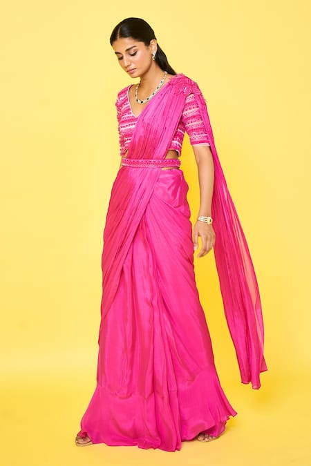 ISSA STUDIO BY CHETANA & SWATHI Charles 3D Petunia Applique Pre-Draped Saree Set 