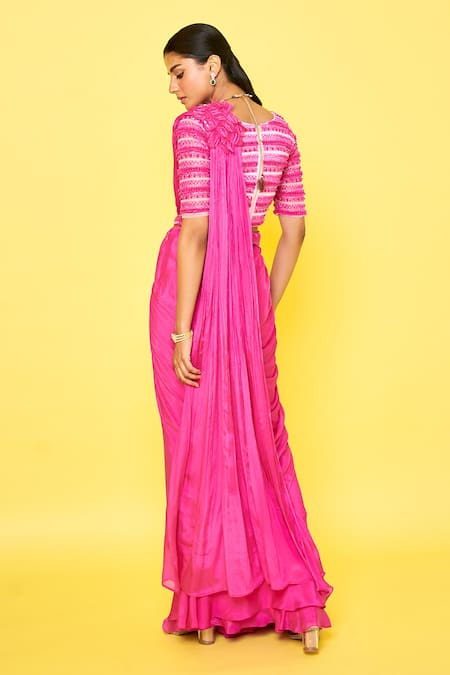 Shop Issa Studio By Chetana & Swathi Pink Chiffon, Net Embroidery, Charles 3d Petunia Applique Pre-draped Saree Set at Aza Fashions Shop_Issa Studio By Chetana & Swathi_Pink Chiffon, Net Embroidery, Charles 3d Petunia Applique Pre-draped Saree Set _at_Aza_Fashions