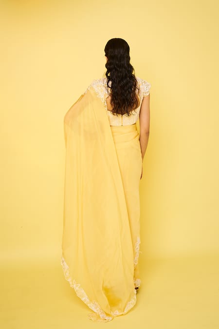 Shop Issa Studio By Chetana & Swathi Yellow Net Beads Mandarin Collar Cleopatra Buttercup Bloom Embroidered Saree Set at Aza Fashions Shop_Issa Studio By Chetana & Swathi_Yellow Net Beads Mandarin Collar Cleopatra Buttercup Bloom Embroidered Saree Set _at_Aza_Fashions