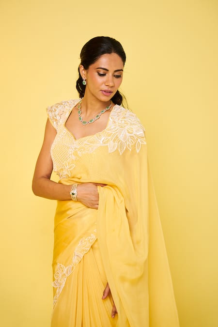 Issa Studio By Chetana & Swathi Yellow Net Beads Mandarin Collar Cleopatra Buttercup Bloom Embroidered Saree Set Online at Aza Fashions Issa Studio By Chetana & Swathi_Yellow Net Beads Mandarin Collar Cleopatra Buttercup Bloom Embroidered Saree Set _Online_at_Aza_Fashions