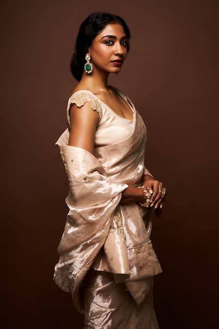 Shop Issa Studio By Chetana & Swathi Beige Tissue Beads, Embroidery Elara Gardenia Border Embellished Saree Set Online at Aza Fashions Shop_Issa Studio By Chetana & Swathi_Beige Tissue Beads, Embroidery Elara Gardenia Border Embellished Saree Set _Online_at_Aza_Fashions