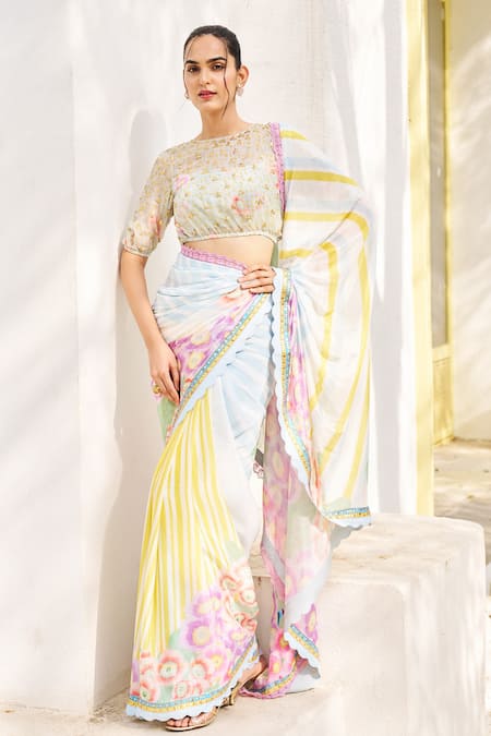 ISSA STUDIO BY CHETANA & SWATHI Heera Striped Dreamy Flora Print Pre-Draped Saree Set 