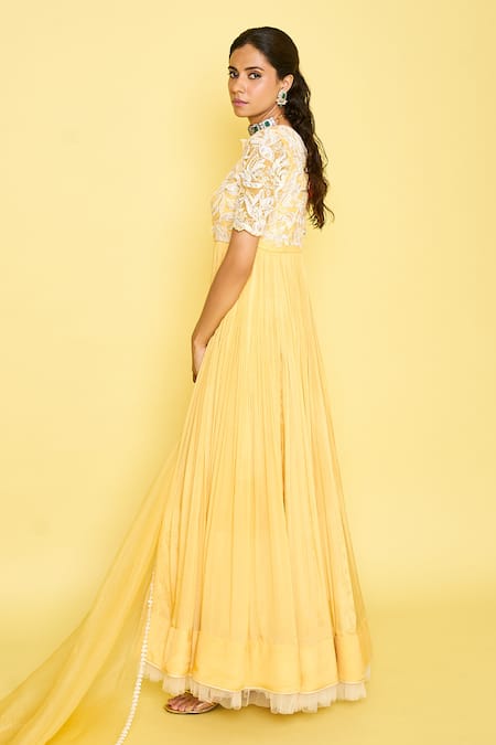 Shop Issa Studio By Chetana & Swathi Yellow Organza, Net, Chiffon Embroidery Helen 3d Petal Anarkali Set at Aza Fashions Shop_Issa Studio By Chetana & Swathi_Yellow Organza, Net, Chiffon Embroidery Helen 3d Petal Anarkali Set _at_Aza_Fashions