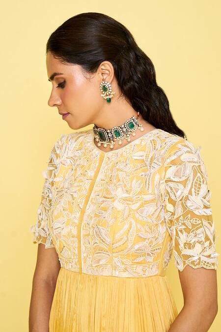 Issa Studio By Chetana & Swathi Yellow Organza, Net, Chiffon Embroidery Helen 3d Petal Anarkali Set Online at Aza Fashions Issa Studio By Chetana & Swathi_Yellow Organza, Net, Chiffon Embroidery Helen 3d Petal Anarkali Set _Online_at_Aza_Fashions