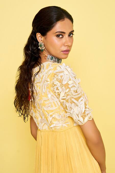 Buy Issa Studio By Chetana & Swathi Yellow Organza, Net, Chiffon Embroidery Helen 3d Petal Anarkali Set Online at Aza Fashions Buy_Issa Studio By Chetana & Swathi_Yellow Organza, Net, Chiffon Embroidery Helen 3d Petal Anarkali Set _Online_at_Aza_Fashions