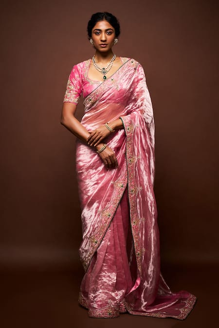 ISSA STUDIO BY CHETANA & SWATHI Pink Tissue Embroidery Mughal Scoop Neck Hiraani Border Saree Set 