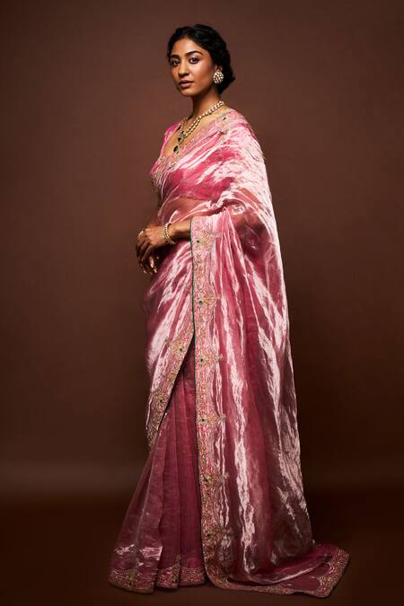 Issa Studio By Chetana & Swathi_Pink Tissue Embroidery, Beads, Pearls Scoop Hiraani Mughal Border Saree Set _Online_at_Aza_Fashions