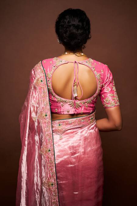 Buy_Issa Studio By Chetana & Swathi_Pink Tissue Embroidery, Beads, Pearls Scoop Hiraani Mughal Border Saree Set _Online_at_Aza_Fashions