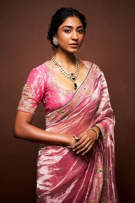 Shop_Issa Studio By Chetana & Swathi_Pink Tissue Embroidery, Beads, Pearls Scoop Hiraani Mughal Border Saree Set _Online_at_Aza_Fashions