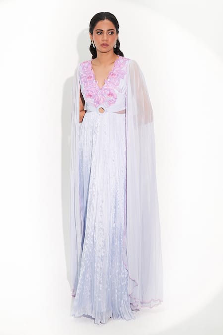 ISSA STUDIO BY CHETANA & SWATHI Isabella 3D Orchid Bloom Embroidered Pleated Gown 