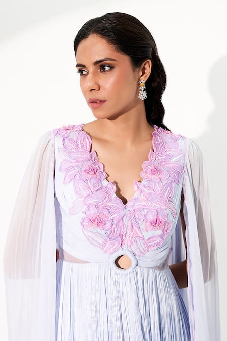 Shop Issa Studio By Chetana & Swathi Blue Chiffon Embroidery V-neck Isabella 3d Orchid Bloom Pleated Gown at Aza Fashions Shop_Issa Studio By Chetana & Swathi_Blue Chiffon Embroidery V-neck Isabella 3d Orchid Bloom Pleated Gown _at_Aza_Fashions