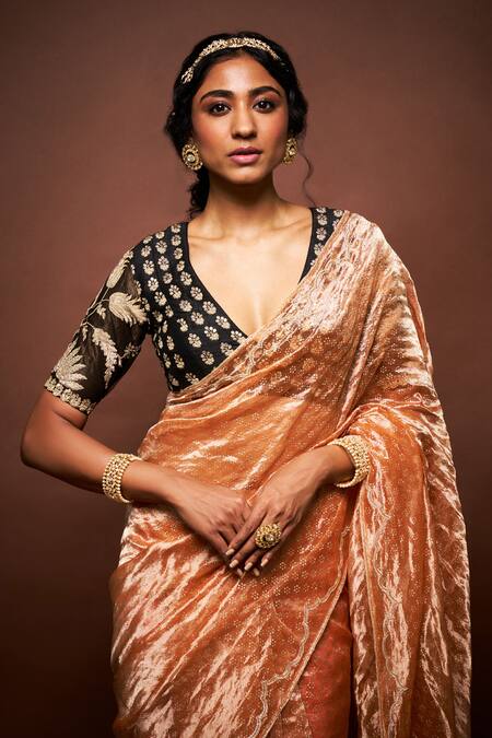 Issa Studio By Chetana & Swathi Orange Tissue, Silk Embroidery V-neck Ishara Floweret Motif Saree Set Online at Aza Fashions Issa Studio By Chetana & Swathi_Orange Tissue, Silk Embroidery V-neck Ishara Floweret Motif Saree Set _Online_at_Aza_Fashions