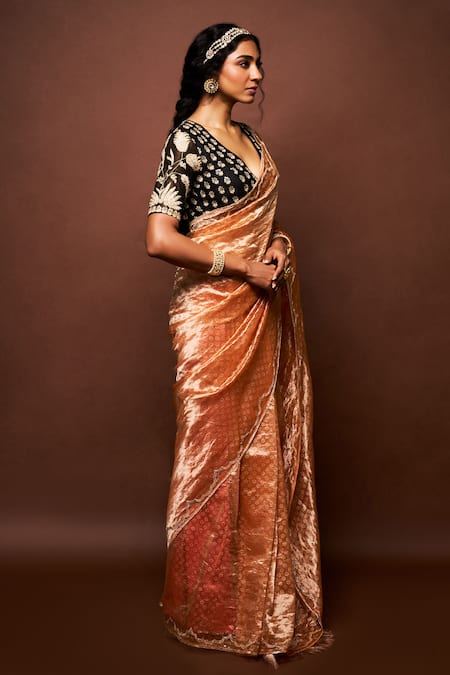 Shop Issa Studio By Chetana & Swathi Orange Tissue, Silk Embroidery V-neck Ishara Floweret Motif Saree Set Online at Aza Fashions Shop_Issa Studio By Chetana & Swathi_Orange Tissue, Silk Embroidery V-neck Ishara Floweret Motif Saree Set _Online_at_Aza_Fashions
