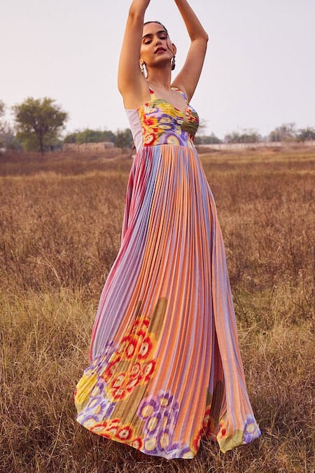 ISSA STUDIO BY CHETANA & SWATHI Isla Striped Carnival Fleur Print Maxi Dress 