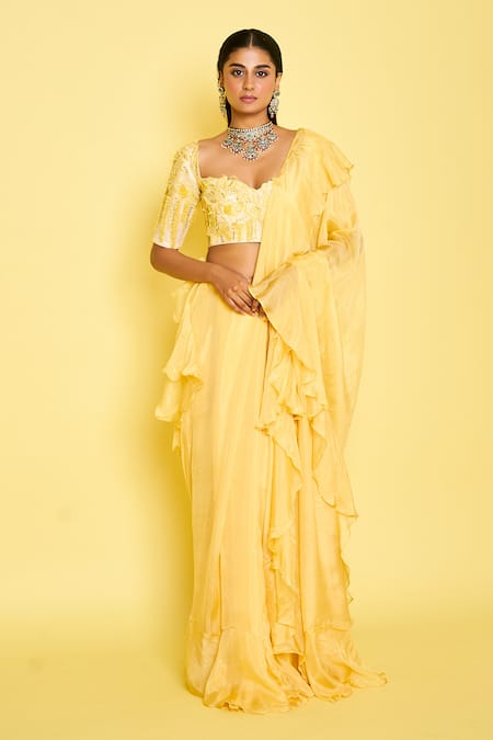 ISSA STUDIO BY CHETANA & SWATHI Yellow Silk Embellished Cutdana Mary Pre-draped Ruffle Saree With Blouse