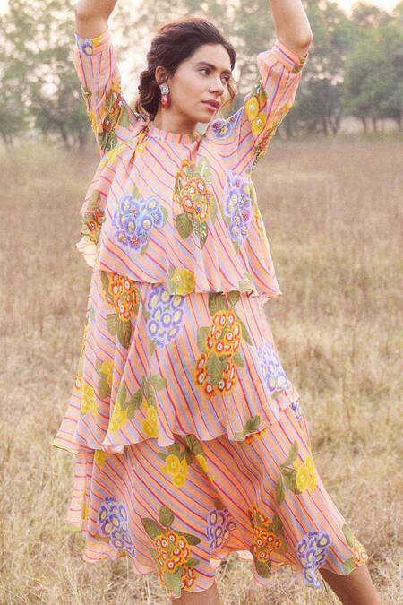 Shop Issa Studio By Chetana & Swathi Orange Chiffon Embroidery High Neck Nivi Layered Midi Dress at Aza Fashions Shop_Issa Studio By Chetana & Swathi_Orange Chiffon Embroidery High Neck Nivi Layered Midi Dress_at_Aza_Fashions