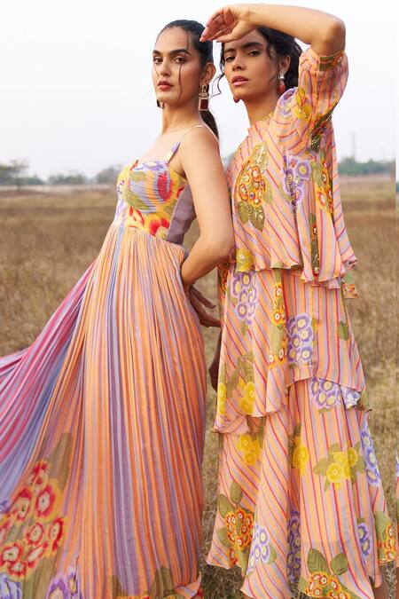 Issa Studio By Chetana & Swathi Orange Chiffon Embroidery High Neck Nivi Layered Midi Dress Online at Aza Fashions Issa Studio By Chetana & Swathi_Orange Chiffon Embroidery High Neck Nivi Layered Midi Dress_Online_at_Aza_Fashions