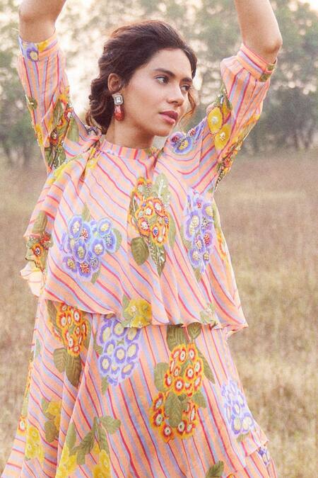 Buy Issa Studio By Chetana & Swathi Orange Chiffon Embroidery High Neck Nivi Layered Midi Dress Online at Aza Fashions Buy_Issa Studio By Chetana & Swathi_Orange Chiffon Embroidery High Neck Nivi Layered Midi Dress_Online_at_Aza_Fashions