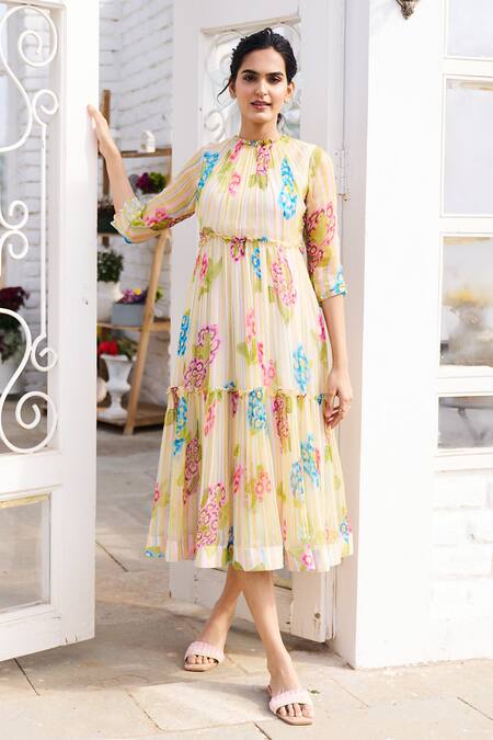 Issa Studio By Chetana & Swathi_Yellow Chiffon High Neck Niya Tiered Midi Dress_Online_at_Aza_Fashions