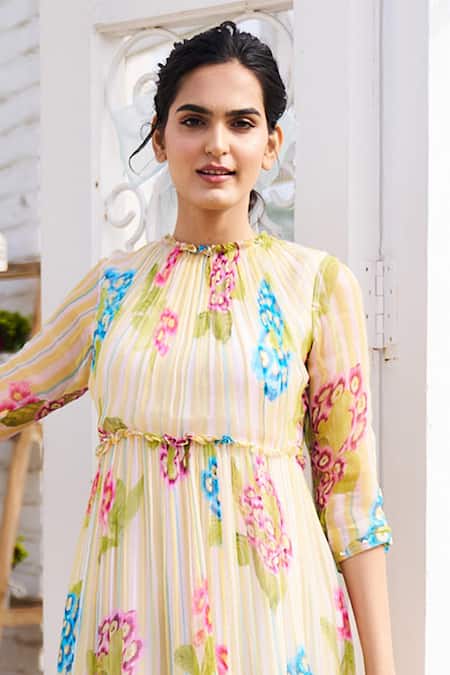 Buy_Issa Studio By Chetana & Swathi_Yellow Chiffon High Neck Niya Tiered Midi Dress_Online_at_Aza_Fashions