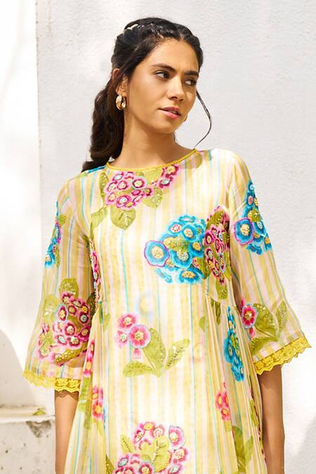 Issa Studio By Chetana & Swathi_Yellow Organza, Crepe Embroidery, Lace Round Neck Riva Floral Pattern Midi Dress_Online_at_Aza_Fashions