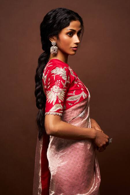 Buy_Issa Studio By Chetana & Swathi_Peach Tissue, Ramie, Rayon Cut Work, Ruhira Cut-dana Saree With Blouse _Online_at_Aza_Fashions