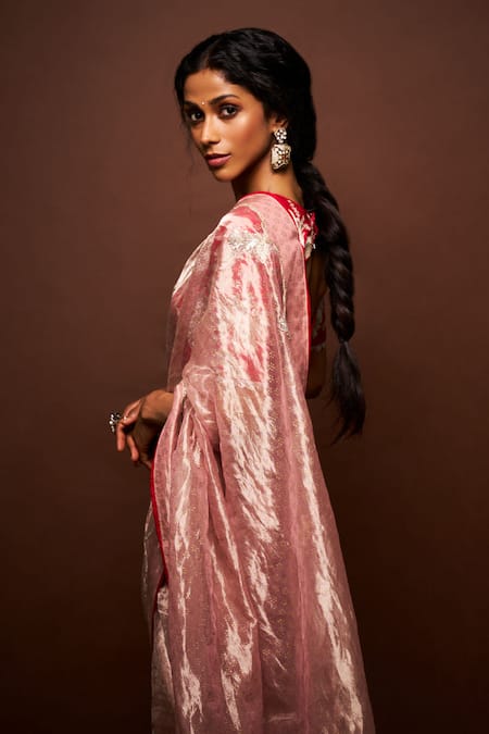 Issa Studio By Chetana & Swathi_Peach Tissue, Ramie, Rayon Cut Work, Ruhira Cut-dana Saree With Blouse _at_Aza_Fashions