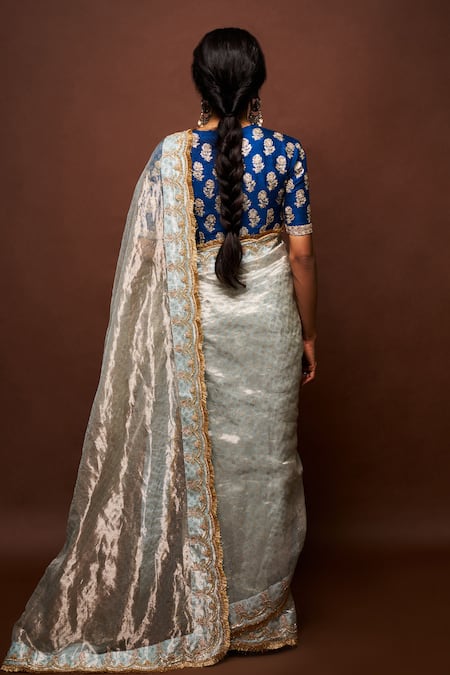 Shop Issa Studio By Chetana & Swathi Grey Tissue, Silk, Ramie Tassels, Trishi Scallop Border Saree With Blouse at Aza Fashions Shop_Issa Studio By Chetana & Swathi_Grey Tissue, Silk, Ramie Tassels, Trishi Scallop Border Saree With Blouse _at_Aza_Fashions