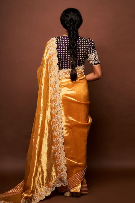 Shop Issa Studio By Chetana & Swathi Yellow Tissue, Ramie Pearls, Cut Work Umika Scallop Border Saree With Blouse at Aza Fashions Shop_Issa Studio By Chetana & Swathi_Yellow Tissue, Ramie Pearls, Cut Work Umika Scallop Border Saree With Blouse _at_Aza_Fashions