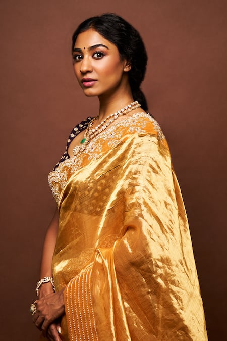 Issa Studio By Chetana & Swathi Yellow Tissue, Ramie Pearls, Cut Work Umika Scallop Border Saree With Blouse at Aza Fashions Issa Studio By Chetana & Swathi_Yellow Tissue, Ramie Pearls, Cut Work Umika Scallop Border Saree With Blouse _at_Aza_Fashions